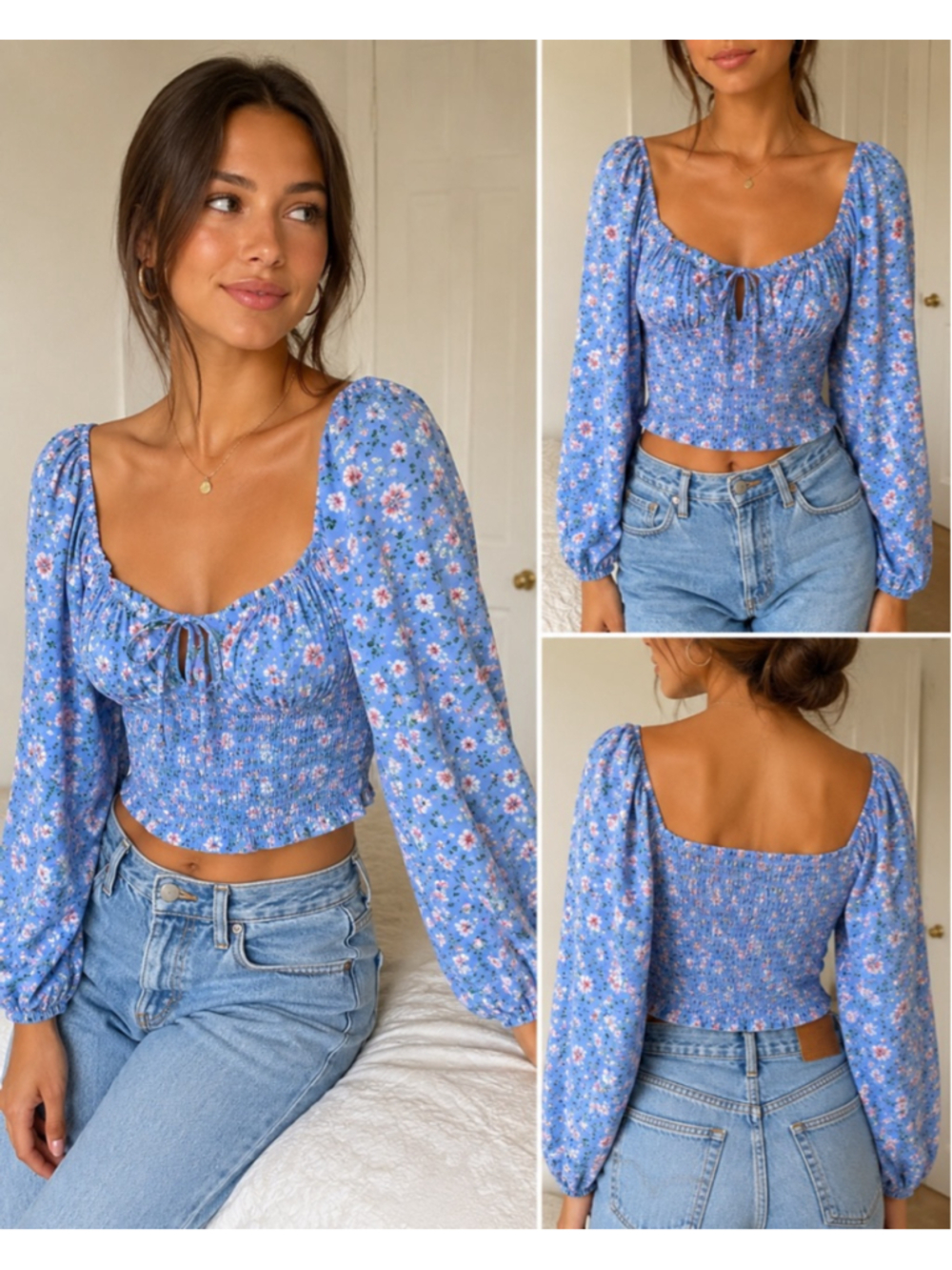 Abercrombie & Fitch Floral Smocked Crop Top Blue Puff Sleeve Cottagecore Size M - Picture 2 of 6
